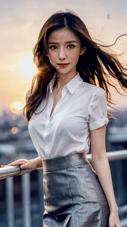 (highest quality,masterpiece:1.3,Ultra-high resolution),(Super detailed,Caustics,8k),(Photorealistic:1.4,RAW shooting),(Buckshot),Japanese,23 years old,cute,Are standing,(Smiling and looking at the camera),Black Hair Middle Hair,Big Breasts,White blouse,Knee-length skirt,Strong winds,Hair blowing in the wind,Rooftop,Backlight,Sunset,Sunset sky,Waist up shot,Face Focus,Face close up,Natural light