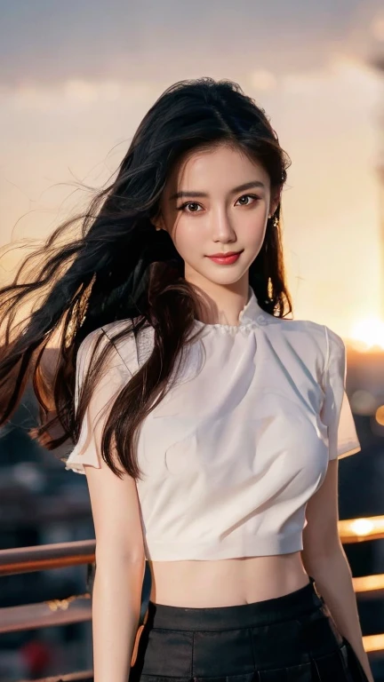 (highest quality,masterpiece:1.3,Ultra-high resolution),(Super detailed,Caustics,8k),(Photorealistic:1.4,RAW shooting),(Buckshot),Japanese,23 years old,cute,Are standing,(Smiling and looking at the camera),Black Hair Middle Hair,Big Breasts,White blouse,Knee-length skirt,Strong winds,Hair blowing in the wind,Rooftop,Backlight,Sunset,Sunset sky,Waist up shot,Face Focus,Face close up,Natural light