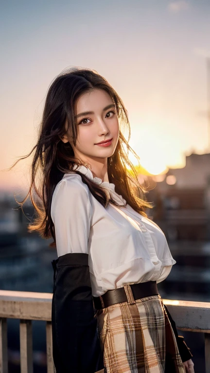 (highest quality,masterpiece:1.3,Ultra-high resolution),(Super detailed,Caustics,8k),(Photorealistic:1.4,RAW shooting),(Buckshot),Japanese,23 years old,cute,Are standing,(Smiling and looking at the camera),Black Hair Middle Hair,Big Breasts,White blouse,Knee-length skirt,Strong winds,Hair blowing in the wind,Rooftop,Backlight,Sunset,Sunset sky,Waist up shot,Face Focus,Face close up,Natural light
