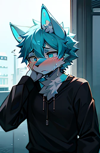 Cyan male furry wolf with white fur, sad crying, wearing a black blouse and black pants 