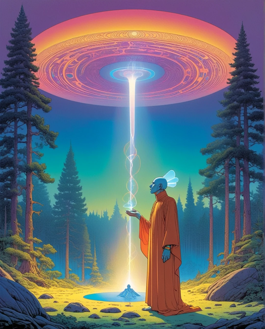 Moebius (Jean Giraud) Style - A spectacular composition by Jean Giraud Moebius, ((masterpiece)), ((best quality)), (highest quality masterpiece), (masterpiece), (masterpiece, best quality), in a futuristic theme. An awe-inspiring illustration of an alien shaman performing a ritual, digital art, featuring rainbow colors, detailed ceremonial attire, and a mystical forest in the background. Sleek, modern, ultramodern, high-tech elements with glowing tattoos. PsyAI, Psychedelic, Visionary art, DMT, and LSD style by Moebius.
