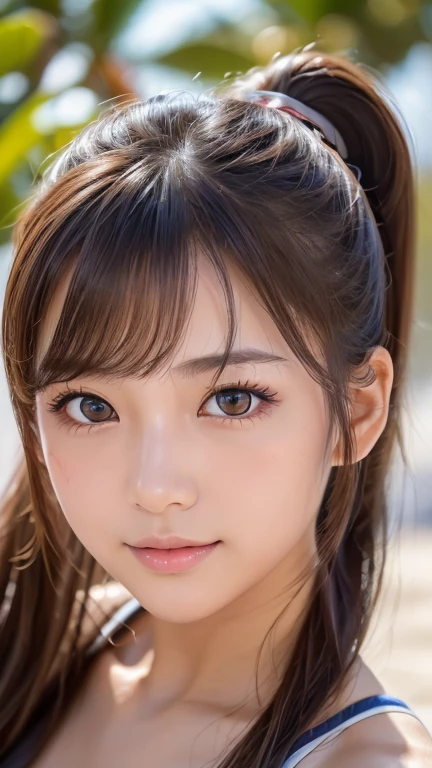 blush,21 years old,Small breasts,Climbing Wall,Long hair ponytail,Outdoor,Beach Volleyballウェア,Face close-up,((8k, RAW Photos, Highest quality, The pieces fly:1.2), (reality, Realistic:1.4), (非常に詳細な8k壁紙), Written boundary depth, Cinema Lighting, Soft Light, Detailed beauty eyes,Shiny and smooth light brown ponytail, Asymmetrical bangs, Glowing Skin, Highly detailed skin ,High resolution, Attention to detail, Detailed hairstyle, Detailed beauty face, Hyper Real, Perfect limbs, Perfect Anatomy ,1 Japanese girl,Famous Japanese Idols, Perfect female body,A shy smile,short eyelashes,double eyelid,Look straight here,Hairstyle: Ponytail、Beach Volleyball、Micro Bikini、Sunburned skin、Receive pose