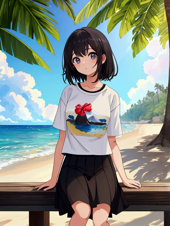 ((Highest quality)), ((masterpiece)), (detailed), One girl, 、Shores on the shore、Black Haired Girl、Summer Casual、summer t-shirt、Summer skirt、Summer Sneakers、