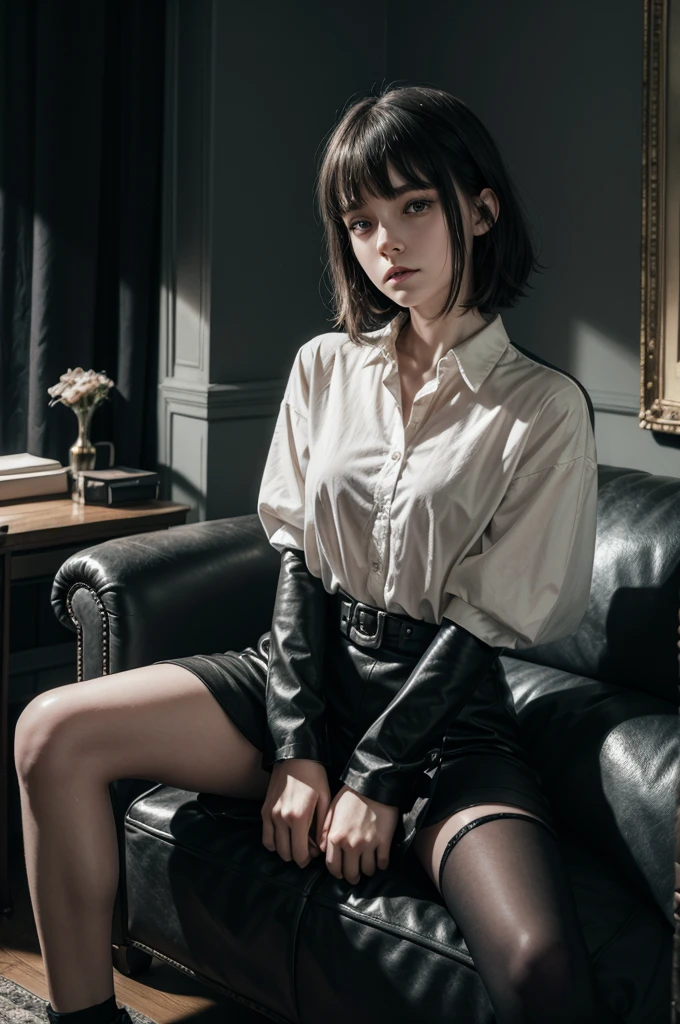 absurdres, RAW photo, extremely delicate and beautiful, masterpiece, Best Quality, ultra high resolution, 32k, hyperrealistic, ultra-detailed, perfect anatomy, perfect figure, super Detailed skin, 20 years old, very Slim body, narrow waist, very small head, very small face, delicate facial features, tearful mole, earring, thin legs, bare legs, very huge round breasts, short medium hair, wavy hair, wet clothes, hoodie, jacket, skirt, ((collared dress shirt)),