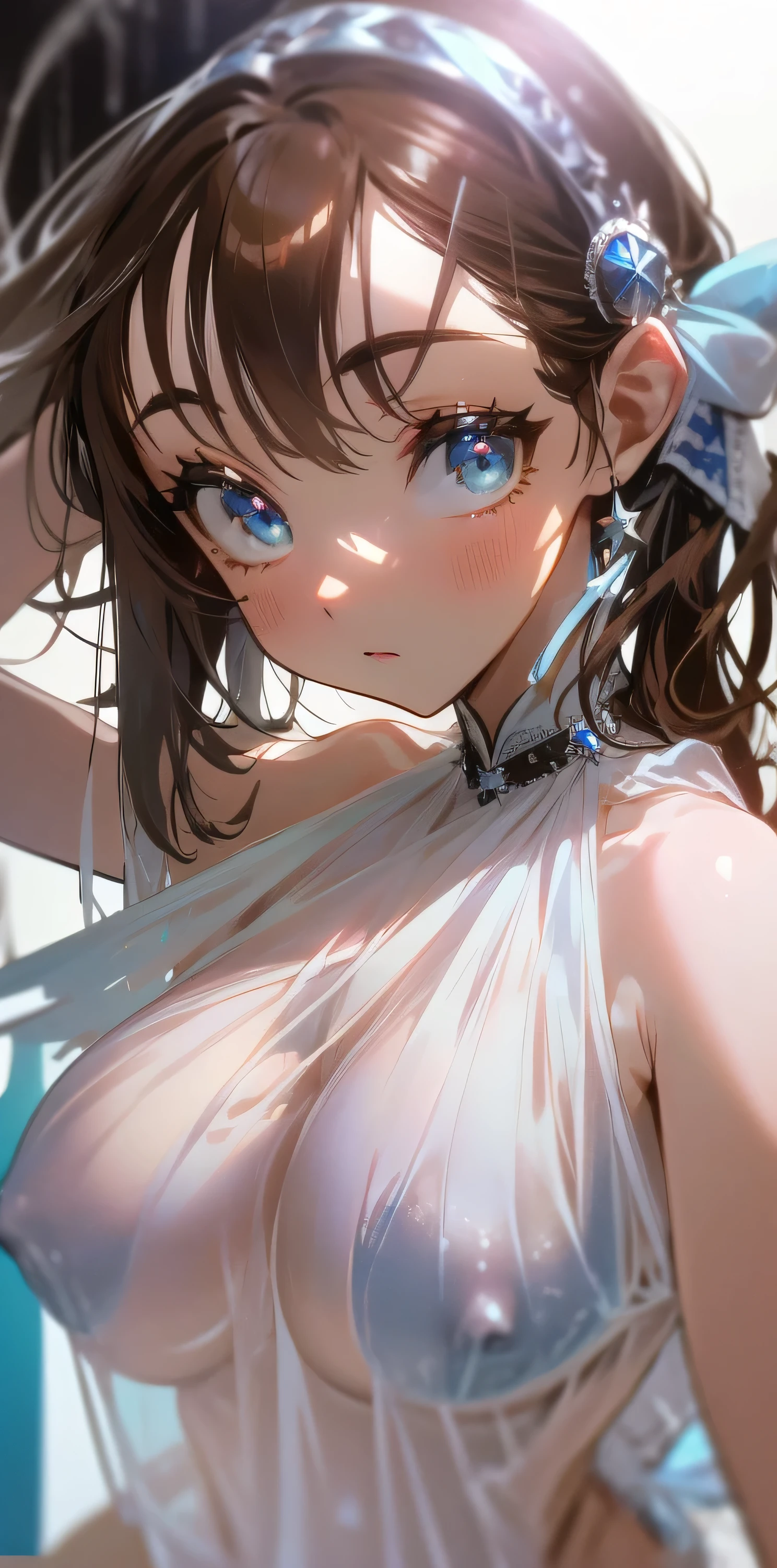 (masterpiece), (HDR), absurdres, (best quality), (ultra high quality), (hi-res), (((cowboy shot))), (1girl), solo, alone, (light blue eyes), beautiful detailed eyes, (((dark brown hair))), bangs, short side locks, (((chin length hair))), (wavy hair 1.2), (((silver star hair pin))), ((large breasts)), ((perky breasts)), Slim, shiny skin, Transparent Dress, dynamic poses, dynamic angle, No background, White background, looking at the audience