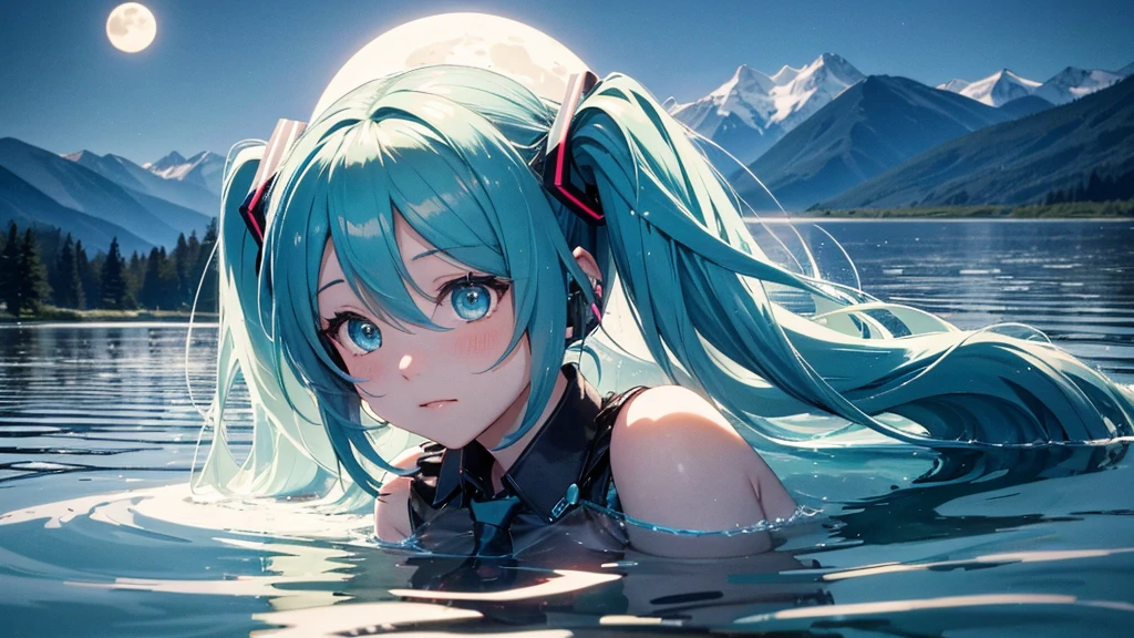 In the scene where Hatsune Miku is standing by a quiet lake、There was silence around her、Mountains in the distance々I can see the silhouette of。The moon reflects on the water、Her illuminated face、Digging into inner feelings、It quietly tells the story of an attempt to regain lost dreams and hopes.。