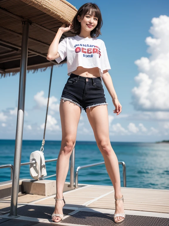 ((Sexy Legs)), ((whole body)),practical, Stylish girl,1girl,sexy pose,best quality,masterpiece,illustration,an extremely delicate and beautiful,CG,unity,8k wallpaper,Amazing,finely detail,masterpiece,official art,extremely detailed CG unity 8k wallpaper,incredibly absurdres,huge filesize,ultra-detailed,highres,extremely detailed,beautiful detailed girl,realistic,outdoors,light contrast,(White tee shirt、Shorts,、Red lipstick、Looking from below、smile、(Ocean、Ocean岸で歩いている)、Short Hair、On the boat、