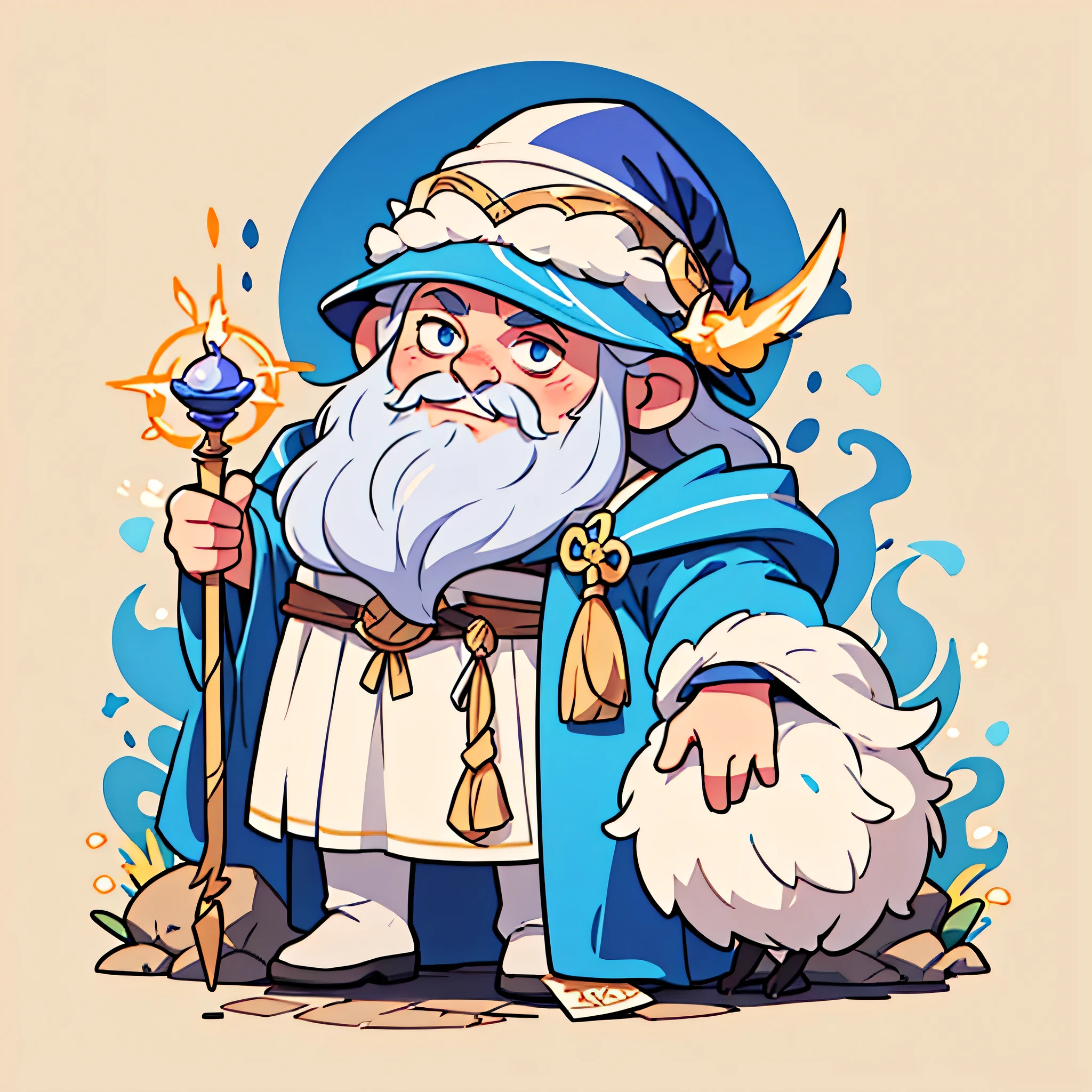 a cartoon wizard with a long beard and a hat, Gandalf-like, blue robes, spell casting, looking at camera, arms open, detailed facial features, intricate textures, vibrant colors, cinematic lighting, digital art, concept art style