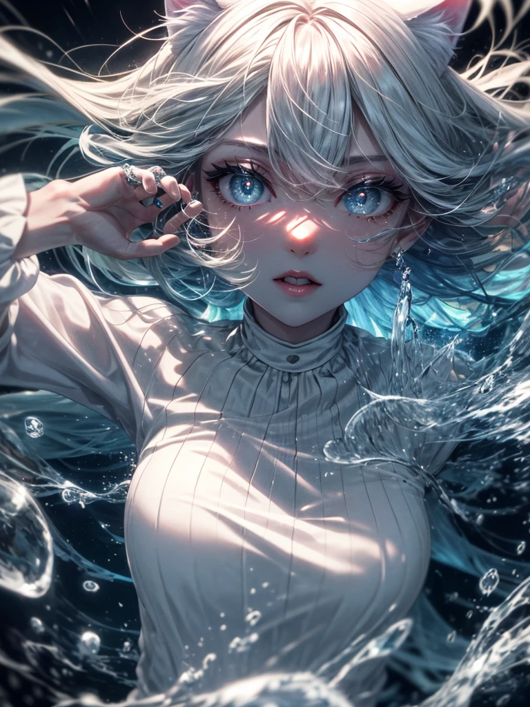 detailed beautiful face and eyes, rouge at the outer corner of the eye, lipstick, 1girl, solo, alone, white cat ears,, long hair, blue sapphire eyes, walking through, ,looking at viewer, full clothed, masterpiece, best quality, ultra detailed, (long exposure:1.2),dynamic streaks, vibrant colors, fluid movement, (flowing water), white flower, (night:1.2),dreamy,soul,