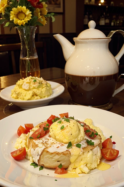 Breakfast at the restaurant scrambled eggs with tomatoes