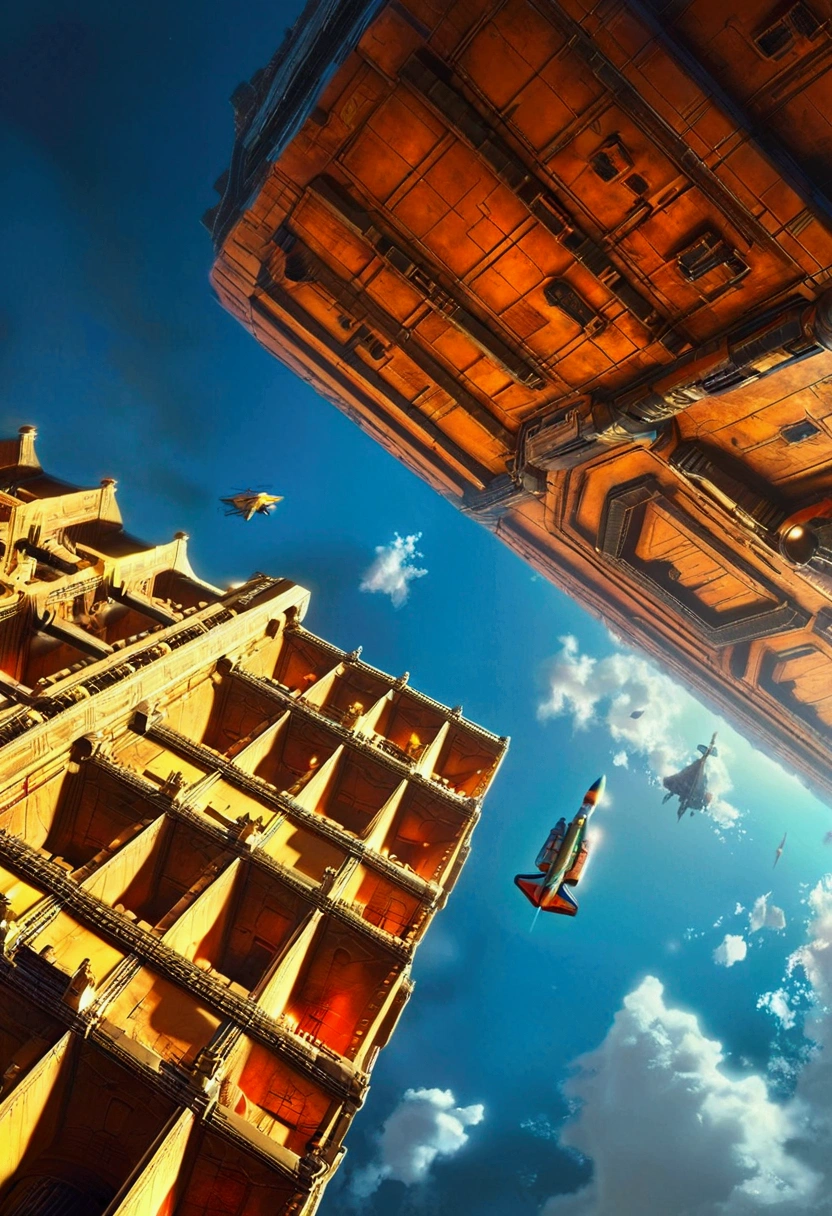 Low Angle Shot, from below, by Chris_Foss, cinematic still, (best quality, masterpiece, photorealistic), very aesthetic, perfect composition, intricate details, ultra-detailed, vivid colors