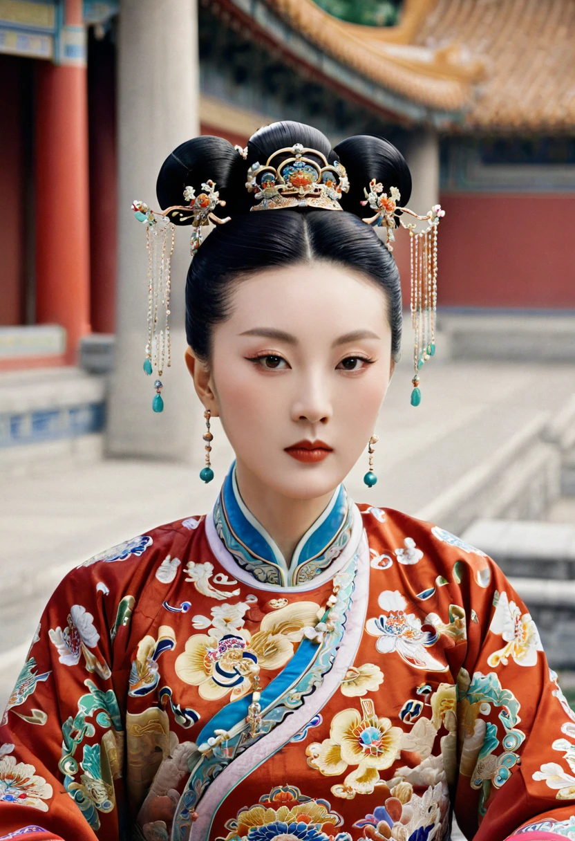 Qing Dynasty Empress in Chinese Imperial Court, playing with her pubic hair Qing Dynasty Empress Chinese Empress wearing a crown with her hair tied up and up The background is the stone paving outside the Qing Dynasty