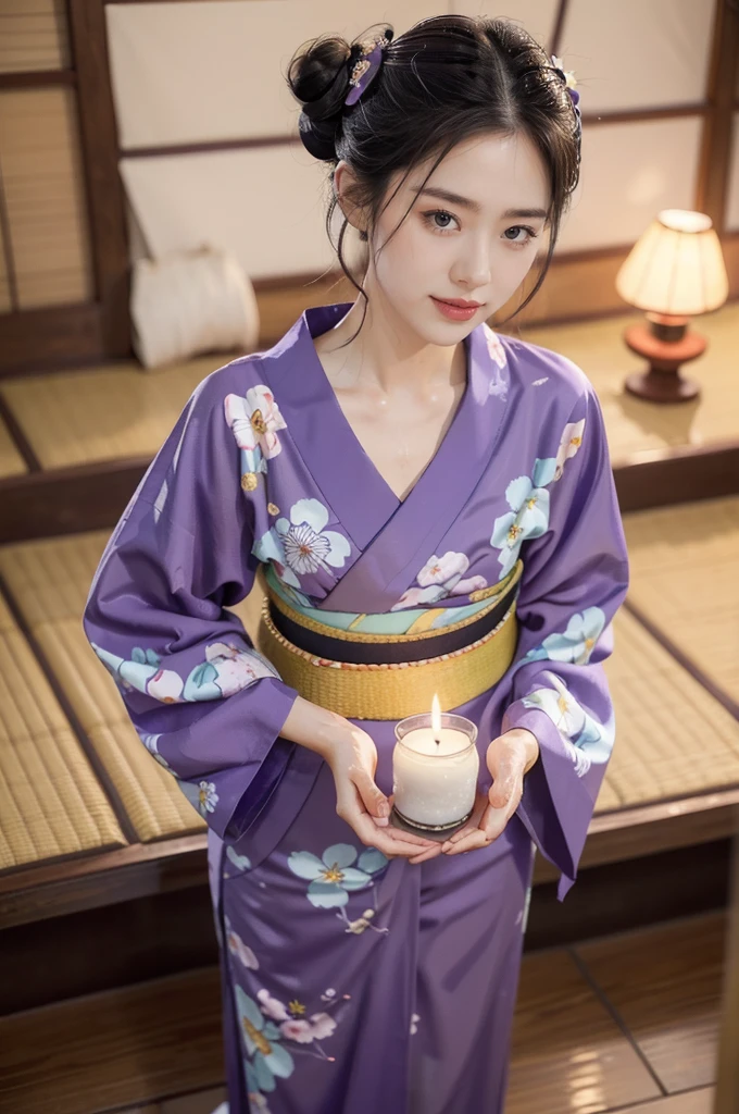 (((best quality))),(((ultra detailed))),(((masterpiece))),illustration,((1 beautiful Japannese girl,solo)),(neat bun:1.2),((slim,thin)),((small breasts,flat chest)),(in izakaya:1.3),(summer:1.2),(rainy:1.3),(indoor:1.2),(night scene:1.3),(wet:1.3),(collar:1.2),(purple floral yukata:1.3),porcelain skin,(slender legs:1.2),(loafers:1.2),rouge,dimly lit,warm glow,ethereal,(standing:1.3),sake bottle,half-empty glass,tray,grilled fish,steamed vegetables,half-eaten,melancholic smile,storm,solitude,enigmatic aura,tranquility,chaos,simplicity,mysterious,captivating,((from front,full body))