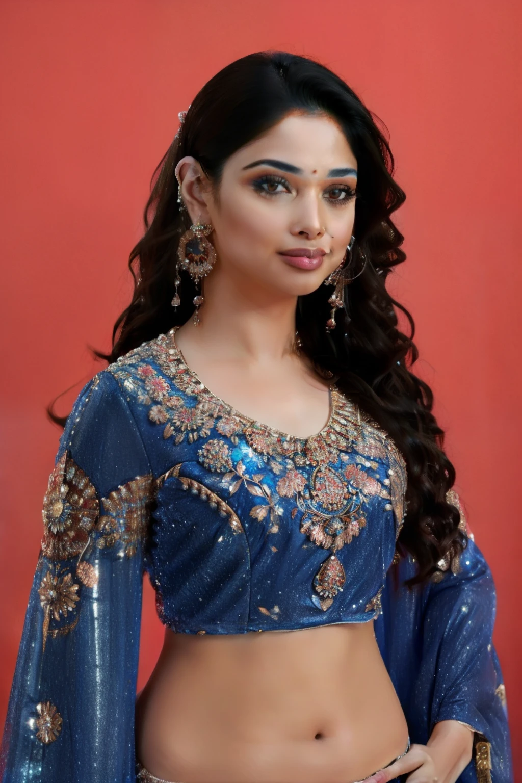 Tamanna expoaing deep navel, wearing mascara, luscious hair, closed mouth, fair skin, pink plump lips, beautiful attractive face, studio lighting, sharp, high resolution, in a blue crop top.  