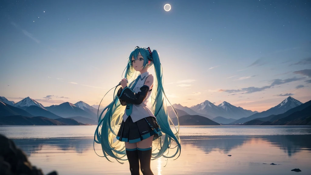 In the scene where Hatsune Miku is standing by a quiet lake、There was silence around her、Mountains in the distance々I can see the silhouette of。The moon reflects on the water、Her illuminated face、Digging into inner feelings、It quietly tells the story of an attempt to regain lost dreams and hopes.。