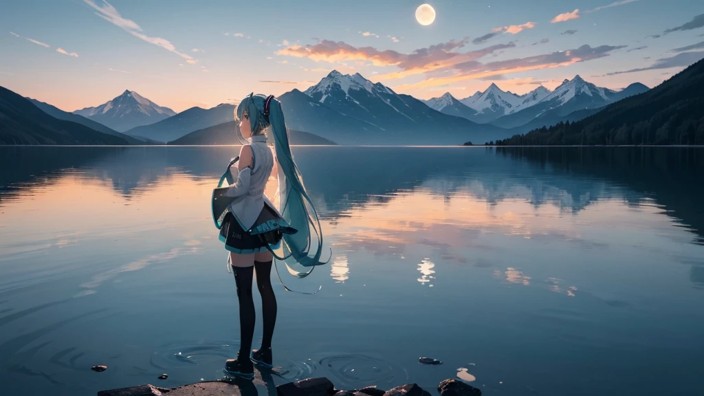 In the scene where Hatsune Miku is standing by a quiet lake、There was silence around her、Mountains in the distance々I can see the silhouette of。The moon reflects on the water、Her illuminated face、Digging into inner feelings、It quietly tells the story of an attempt to regain lost dreams and hopes.。