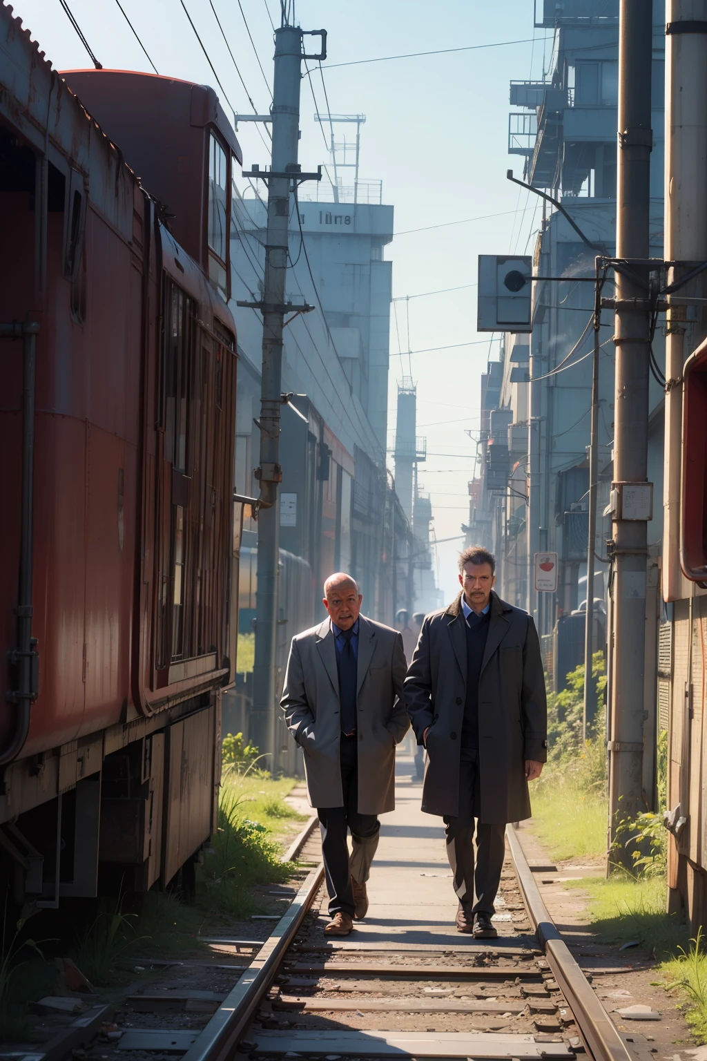 man of 40 years old, face detailed, walking towards the observer, wearing gray overcoat, walking on an abandoned train track, no train, power plant in the background, plant with 3 ducts that emit smoke.