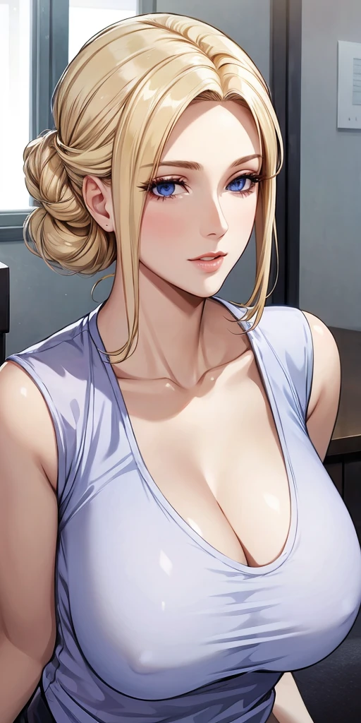 Elegant mature woman, blue eyes, blonde hair, soft light, 4k resolution, high quality, beautiful cg