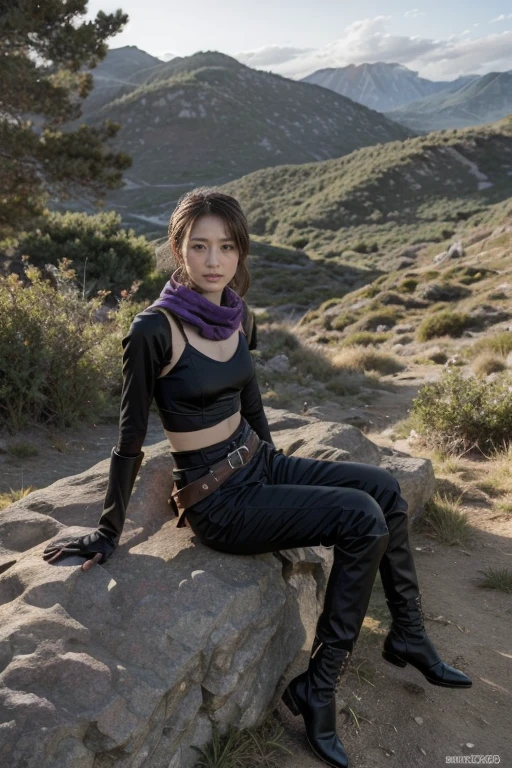 1 Girl, 1 boy, (best quality, Beruca, Gloves), armor, Purple scarf, 黑Gloves, Pants, boots, bandana on head, sit, in front, Trees, Mountain, Beautiful scenery in the background, Soft sunset, Subtle reflections on the ground.