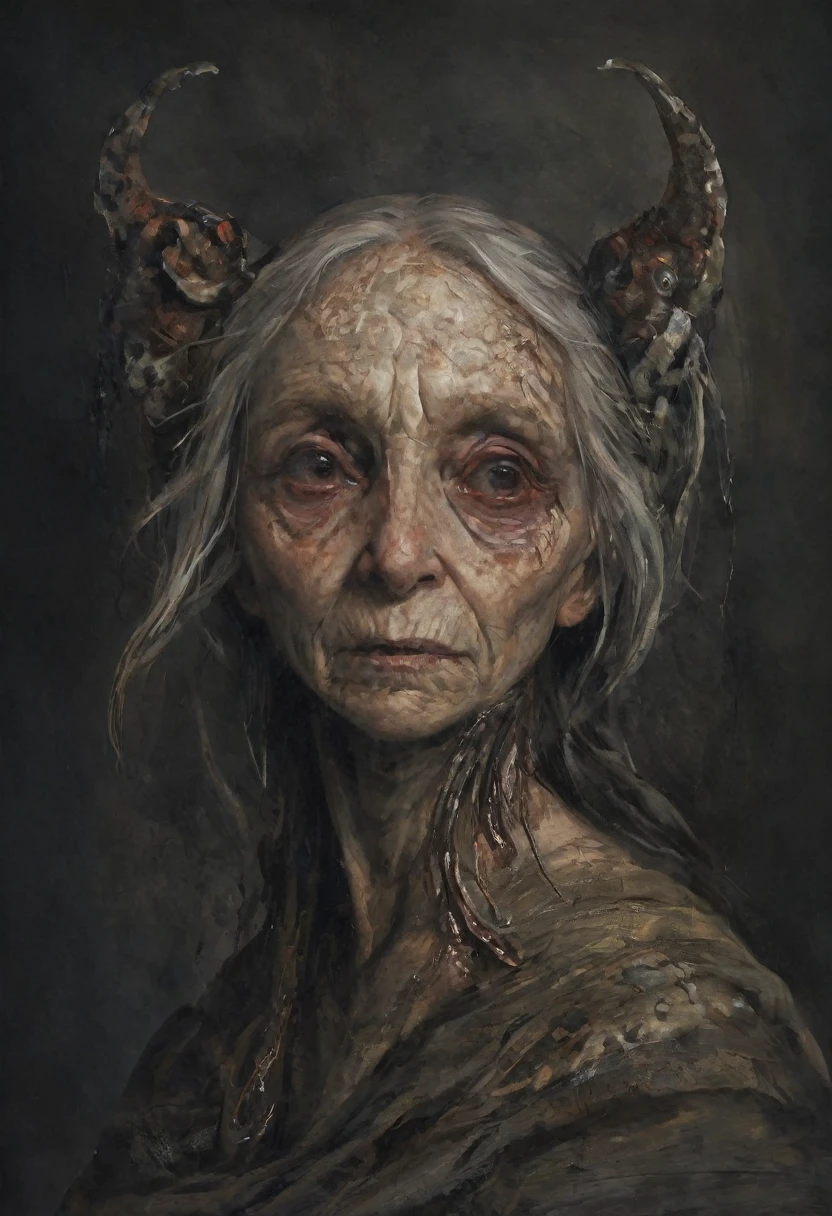 oil painting,Denis Forkas style,baroque,dark atmosphere,creepy,professional illustration,professional painting, Portrait of old deformed woman like she was a demon, deformed creepy portrait from the deep abyss,snakes,intricate details,best quality,4k,8k,highres,masterpiece:1.2,ultra-detailed,realistic,photorealistic,photo-realistic:1.37,HDR,UHD,studio lighting,ultra-fine painting,sharp focus,physically-based rendering,extreme detail description,professional,vivid colors,bokeh