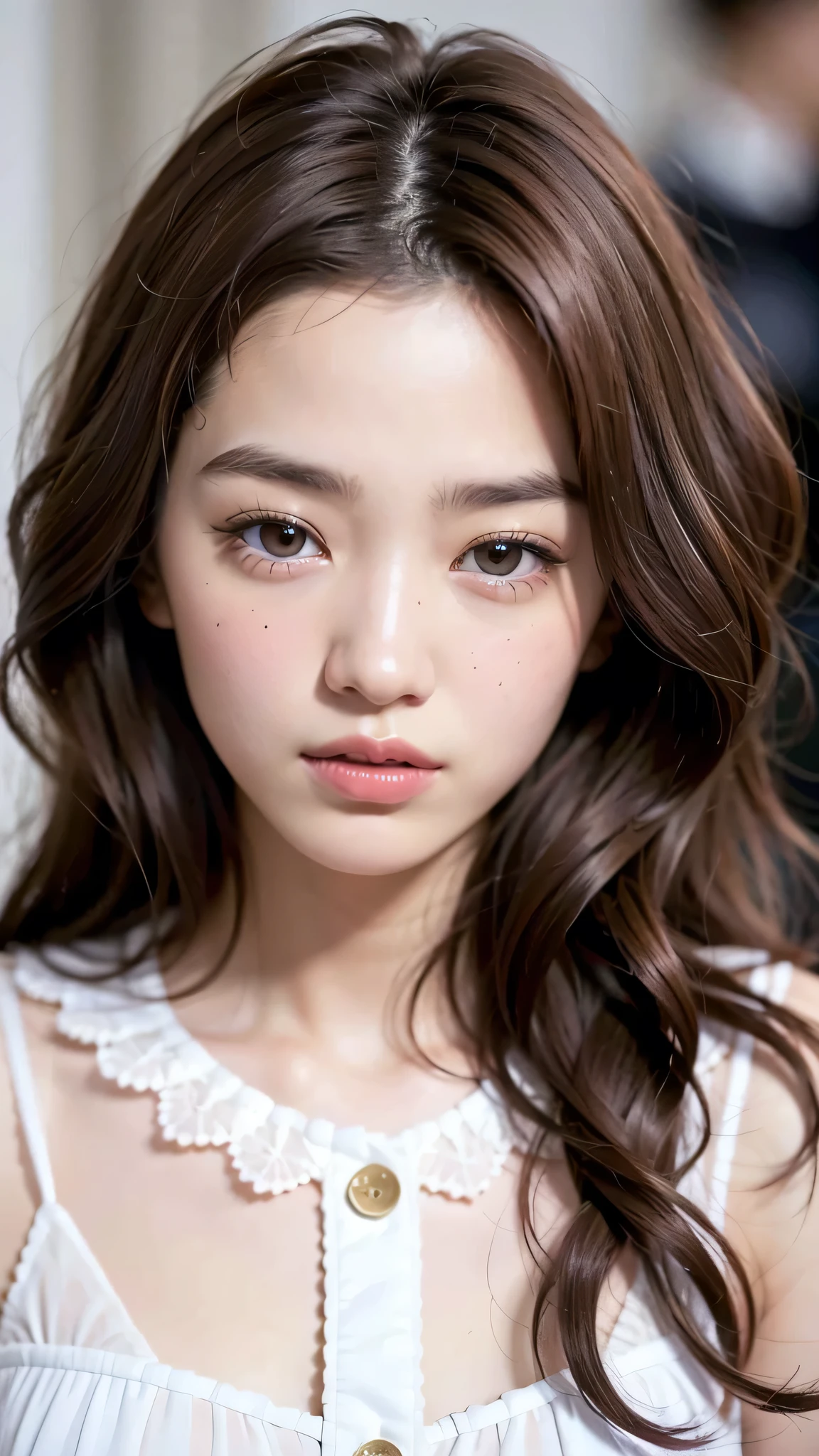 4K, ((brown eyes)), (18 year old teenage girl), light brown hair color, ((big tits)), lips, realistic, (slim face), ((skinny)), charming, pink lipstick, colorful makeup, long eyelashes, wearing eyeliner, fair skin, (cute), (detailed face), detailed eyes, detailed iris, office style, ((Button white  shirt with white collar)), (mini skirt), 
