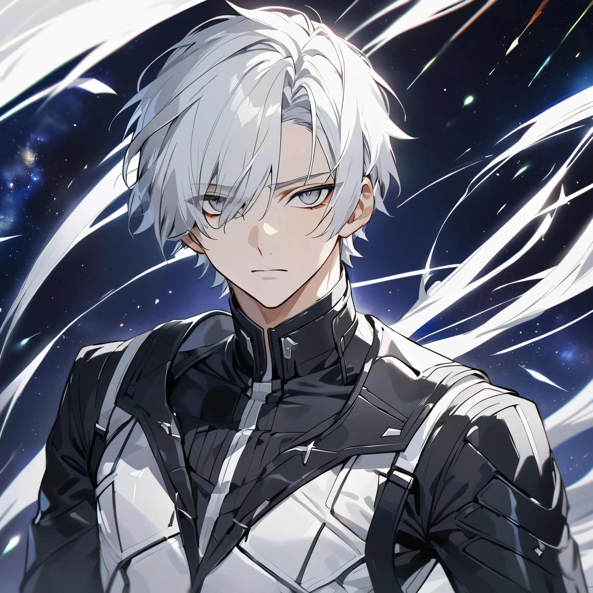 High quality, HD, 4k, no shadows, handsome male, 1male, 17 years old, teenager, short white hair, silver hair, white hair, sharp eyes, grey colored eyes, deep grey eyes, grey eyes, devil may cry, close up, calm expression, stoic expression, black leather clothes, white leather clothing, lean body, well trained body, upper body, looking at viewer, cowboy shot, white solar, space background