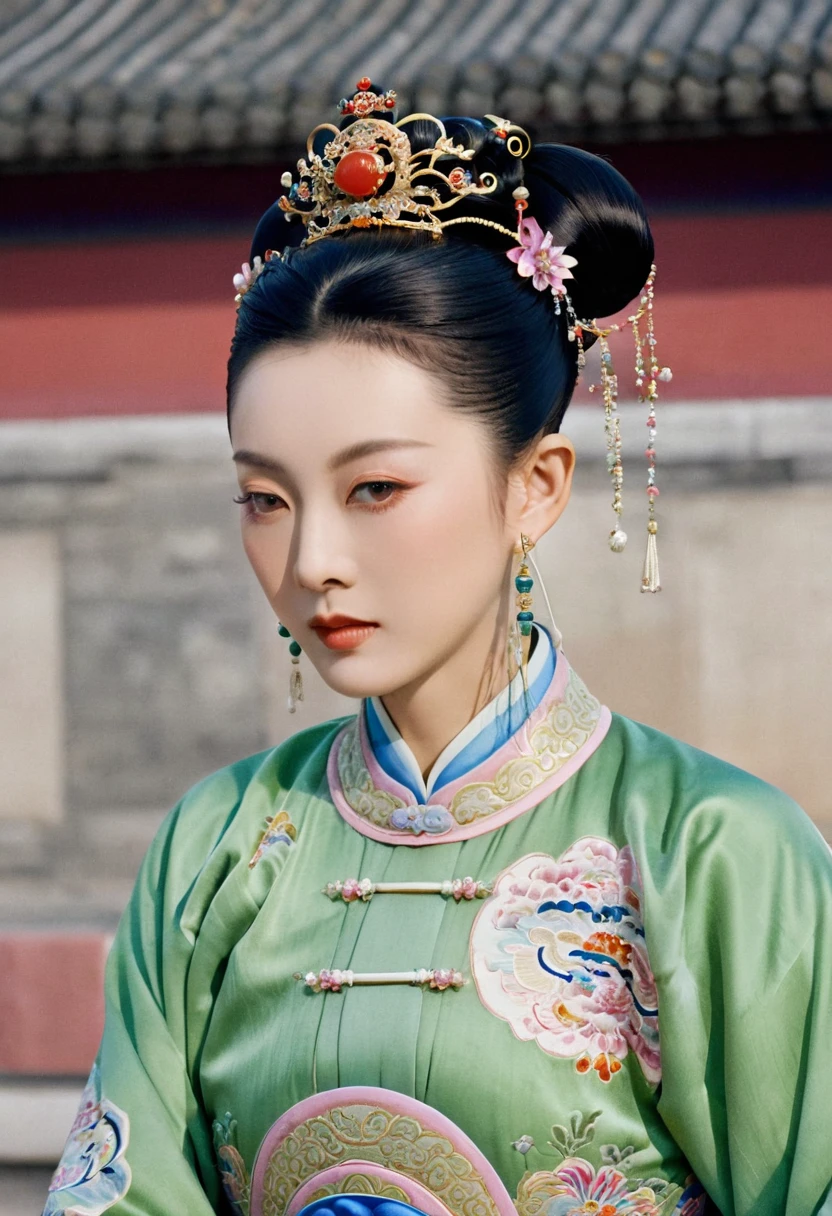 Qing Dynasty Empress in Chinese Imperial Court, playing with her pubic hair Qing Dynasty Empress Chinese Empress wearing a crown with her hair tied up and up The background is the stone paving outside the Qing Dynasty