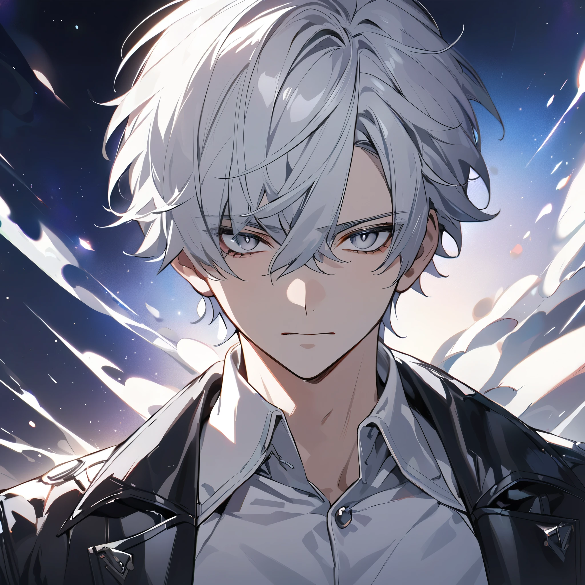 High quality, HD, 4k, no shadows, handsome male, 1male, , teenager, shwhite hair, silver hair, white hair, sharp eyes, grey colored eyes, deep grey eyes, grey eyes, devil may cry, close up, calm expression, stoic expression, black leather clothes, white leather clothing, lean body, well trained body, upper body, looking at viewer, cowboy shot, white solar, space background