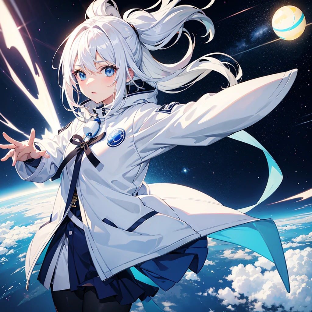 A beautiful anime girl with white hair in a white jacket holds a bright blue electric ball in space
