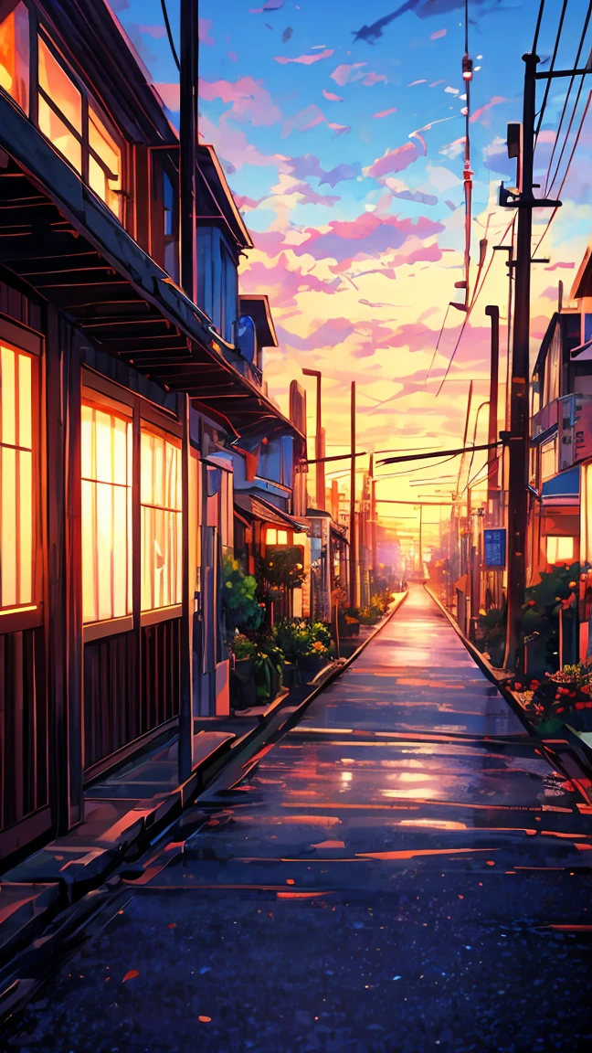 masterpiece, concept art, a painting of (electric poles:1.5) in a city street at sunset, a painting, by sylvain sarrailh, anime hi-fructose, telephone wires, gta art, warm sundown, beautiful iwakura, toon aesthetic, colorful house, connecting lines, anime screenshot, art », muffled colours, kawai, 2077, “ anime, bright: