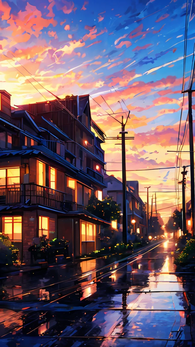 masterpiece, concept art, a painting of (electric poles:1.5) in a city street at sunset, a painting, by sylvain sarrailh, anime hi-fructose, telephone wires, gta art, warm sundown, beautiful iwakura, toon aesthetic, colorful house, connecting lines, anime screenshot, art », muffled colours, kawai, 2077, “ anime, bright: