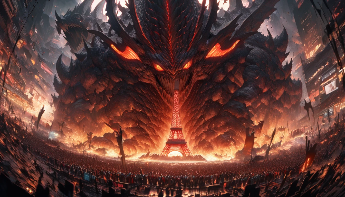 Create an awe-inspiring scene of a 500-meter-tall Kaiju attacking Tokyo, Japan. The Kaiju should have an intricate, otherworldly design with sinewy limbs and an elongated, menacing face. Show it towering over the city with anger and fury in its expression. The cityscape should include iconic landmarks like Tokyo Tower and Shibuya Crossing, with cinematic lighting highlighting the chaos and destruction. Emphasize the hyper-detailed texture of the Kaiju’s skin and the dramatic shadows cast by its massive form. Use an ultra-wide angle shot to capture the vast scale and intricate details of the scene. creating a sense of awe and tension. 8K, extremely detailed, intricate details, photorealistic, masterpiece, cinematic lighting, dynamic composition, Visual effect, dramatic shadows, awe-inspiring scale, kaiju with expressive faces, wide angle shot, and focus on the creation of kaiju, hyper detailed kaiju, hyperrealistic