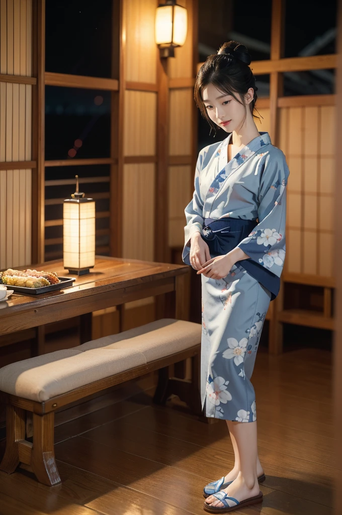 (((best quality))),(((ultra detailed))),(((masterpiece))),illustration,((1 beautiful Japannese girl,solo)),(neat bun:1.2),((slim,thin)),((small breasts,flat chest)),(in izakaya:1.3),(summer:1.2),(rainy:1.3),(indoor:1.2),(night scene:1.3),(wet:1.3),(collar:1.2),(blue floral yukata:1.3),porcelain skin,(slender legs:1.2),(loafers:1.2),rouge,dimly lit,warm glow,ethereal,(standing:1.3),sake bottle,half-empty glass,tray,grilled fish,steamed vegetables,half-eaten,melancholic smile,storm,solitude,enigmatic aura,tranquility,chaos,simplicity,mysterious,captivating,((from front,full body))