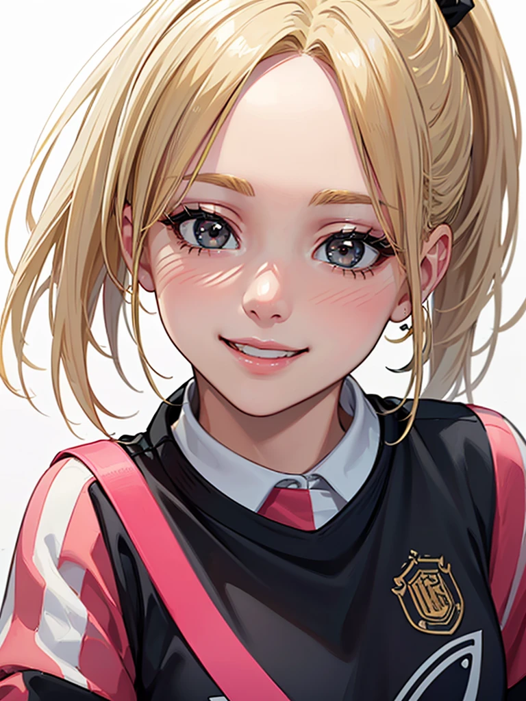 (Highest quality、8k、32K、masterpiece)、(RAW Photos)、(Realisticな)、(High resolution)、Very detailedな、Very beautiful face and eyes、One Girl、Round and small face、Delicate body、(Highest quality、Rich skin detail、Highest quality、8k)、Very detailed、(Realistic、Realistic:1.37)、Vibrant colors、(((Laughter)))、(((blonde)))、(((Side Ponytail)))、(((smile)))、(((Cowboy Shot)))、(((Frame In)))、(((White Background)))、((Medium Hair))、(((Pure white wall background)))、(((blonde)))、(((Wearing a soccer uniform)))、(((Black and pink uniform)))、(((Uniform with vertical stripes)))、(((Pure white wall background)))、