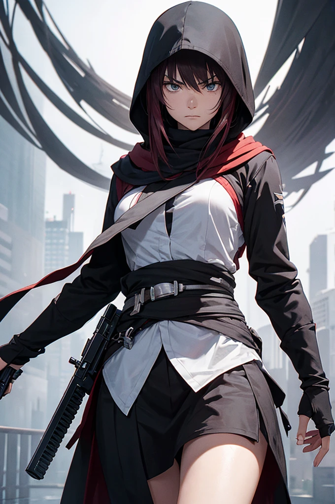 (extremely detailed CG unity 8k wallpaper, masterpiece, best quality, ultra-detailed), best illumination, white hood, shadows, mysterious, intense, (1 female) , blackish red hair, purple eyes, deadly weapons, sharp knife, white clothes, dark alley, moonlight, (((female assassin)))