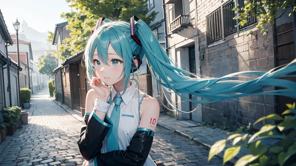The scene shows Hatsune Miku standing on an old cobblestone street in the center of a Nordic town.、The silence of the night and the old architecture around her accentuate her sense of solitude.。The soft light of the street lamp illuminates her face.、It reflects themes of attempting to regain lost dreams and hopes and exploring inner feelings.。This scene、A fusion of tranquility and historical background、It emphasizes the emotional depth of the lyrics.。