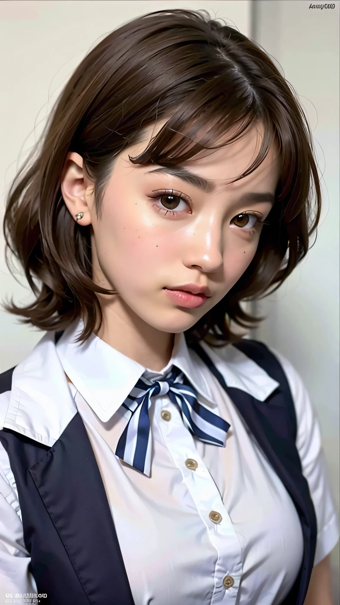 4K, ((brown eyes)), (18 year old age girl), light brown hair color, ((big tits)), lips, realistic, (slim face), ((skinny)), charming, pink lipstick, colorful makeup, long eyelashes, wearing eyeliner, fair skin, (cute), (detailed face), detailed eyes, detailed iris, office style, ((Button white shirt with white collar)), (mini skirt),