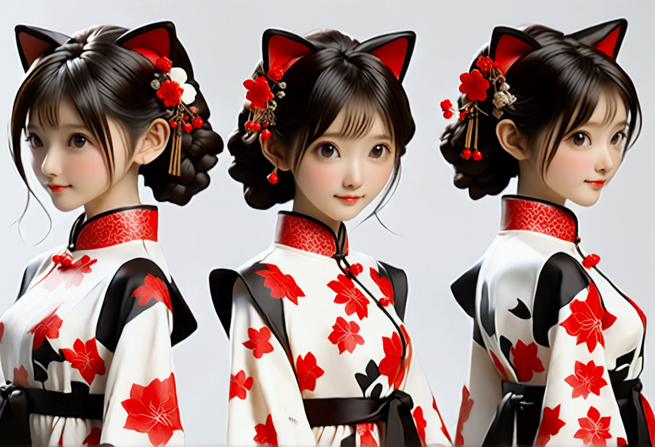 (((Showing the front view of the same 3D character IP figurine design、Side View、Rear view:1.5)))，Young fashionable girl，Wearing a fashionable ink-dyed cheongsam，Ink black and white mixed color Atles silk cheongsam，Uyghur totem cheongsam，Red bougainvillea pattern，Cheongsam style combining ethnicity and fashion，Chinese retro pattern，Cute floral pattern，airplane sleeves，Wide sleeves，Balloon sleeves，Pipa sleeves，Create 3D national trend characters，Delicate bougainvillea pattern，Multi-ethnic cultural integration，Three-dimensional Chinese style，Chinese style 3D character IP figure design，Perfectly proportioned oval face，Film-level ultra-high quality texture，Global Illumination，（Full body styling），((The same 3D character IP figure design with the same clothing and accessories from multiple perspectives，Front view of the same 3D character IP figurine design，同一个3D人物IP手办设计的Side View，同一个3D人物IP手办设计的Rear view))，
