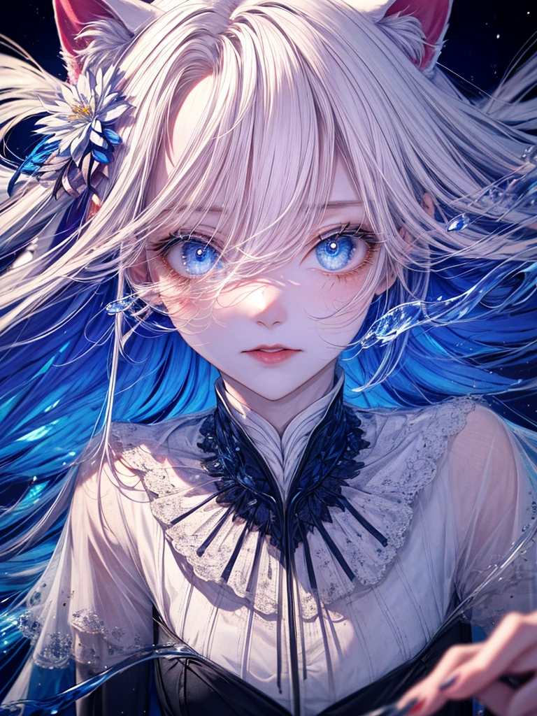 detailed beautiful face and eyes, rouge at the outer corner of the eye, lipstick, 1girl, solo, alone, white cat ears,, long hair, blue sapphire eyes, walking through, ,looking at viewer, full clothed, masterpiece, best quality, ultra detailed, (long exposure:1.2),dynamic streaks, vibrant colors, fluid movement, (flowing water), white flower, (night:1.2),dreamy,soul,