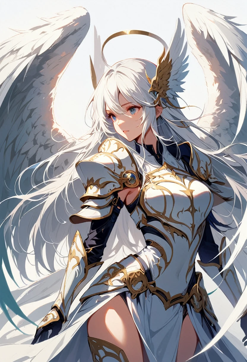 1girl angel angel_wings armor feathers_Long wing feathers_Hair Shoulder Armor Shoulder_Armor single piece_Wing top_body white_Theme White_Wings Wings