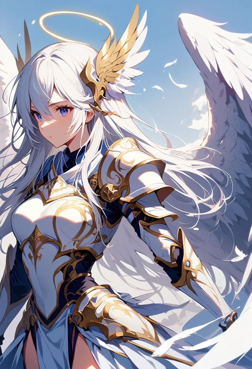 1girl angel angel_wings armor feathers_Long wing feathers_Hair Shoulder Armor Shoulder_Armor single piece_Wing top_body white_Theme White_Wings Wings