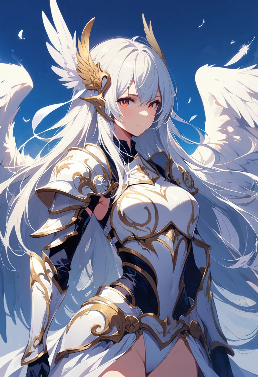 1girl angel angel_wings armor feathers_Long wing feathers_Hair Shoulder Armor Shoulder_Armor single piece_Wing top_body white_Theme White_Wings Wings