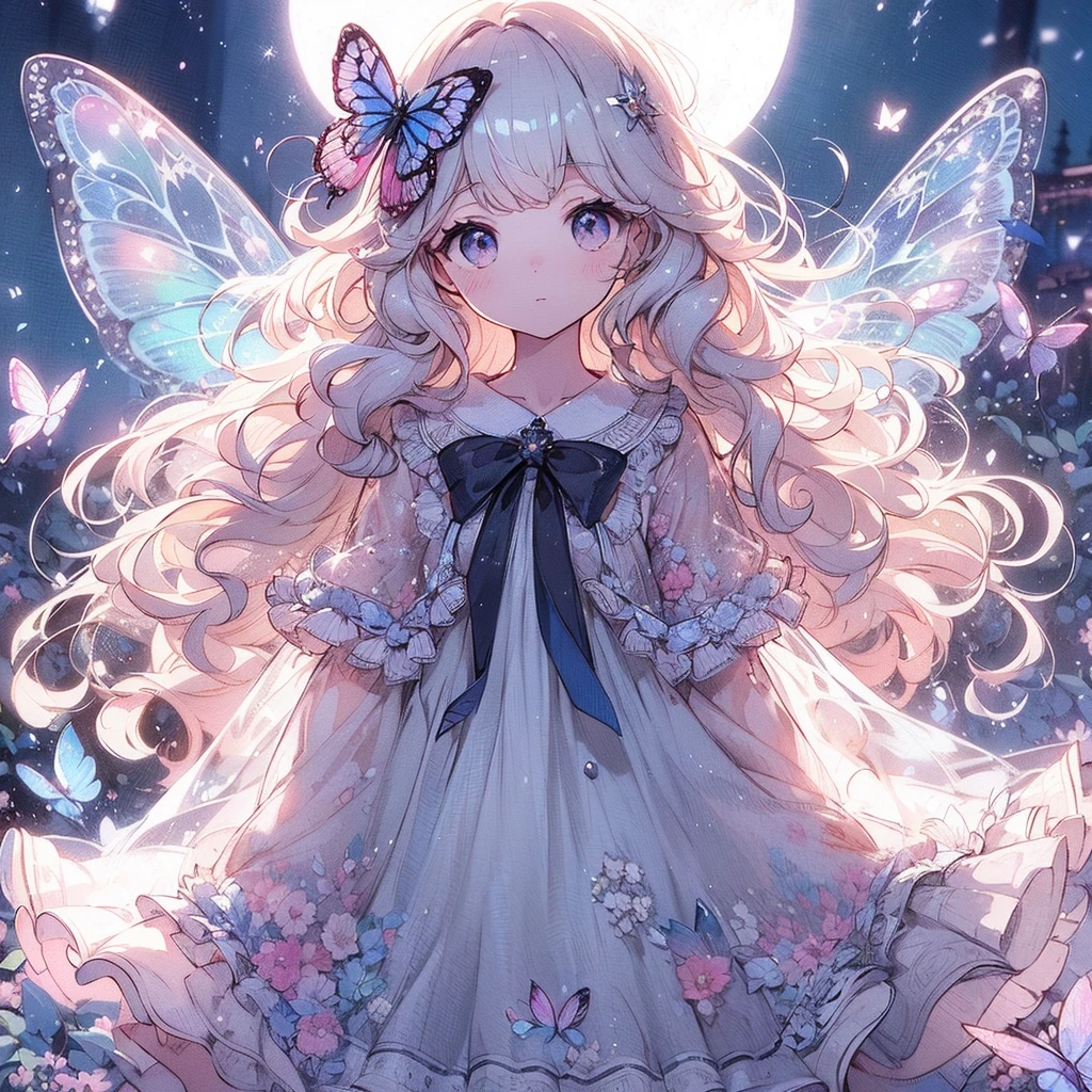 　(Exquisite, beautiful, Very detailed, masterpiece, high quality,High resolution),(Well-formed face,Soft and thin lines,Beautiful and delicate illustrations with a mature and transparent feel, Pixiv-inspired anime illustration,A cute watercolor illustration of a beautiful girl in pastel colours that is going viral among Japanese people on Twitter),Fairy Princess,A fairy princess with a clear, delicate, beautiful well-formed face and fluffy white hair with butterfly-like wings stands alone, reaching her hands up towards the sky in a dark, starry sky filled with beautiful crescent moons and stars.,(A pair of giant fairy wings growing from just above his waist..),Diamond Tiara, earrings and choker,(A silver ball gown dress decorated with silver lace and frills), (Fantasy, Romantic atmosphere), Golden Ratio,Dramatic lighting,pastel colour,Landscape,night,Starry Sky