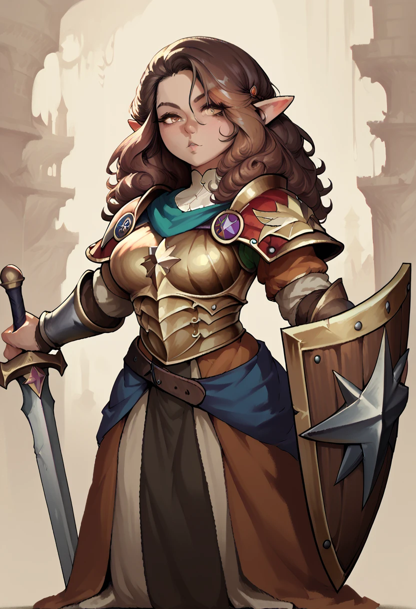 Shortstack, gnome fantasy race, elf like ears, Dark brown styled up hair, wearing fully suited plate mail armor except, accurate medieval armor, full upper body portrait, voluptuous body, Girl facing viewer, light brown eyes, dark brown hair, good hands, intricate detailed portrait, award-winning fantasy digital art, cinematic lighting, highly detailed, sharp focus, photorealistic, masterpiece, wielding a shield and sword