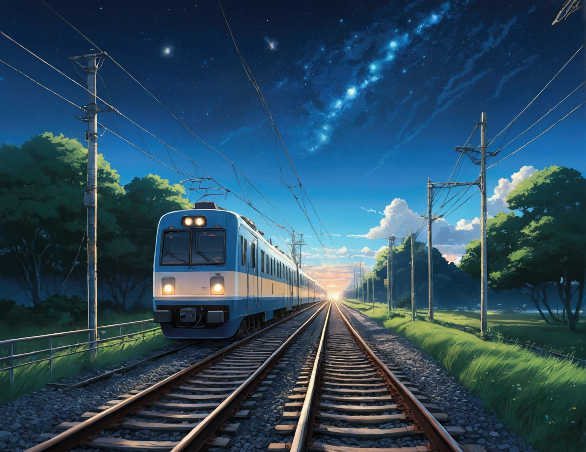 High quality masterpiece ,landscape,Anime train passing through bodies of water on the tracks, bright starry sky。Romantic Train,Pissive,Concept-Art,lofi art style,Reflectors。 By Makoto Shinkai, Art Lofi, beautiful anime scenes, landscapes de anime, detailed scenery —width 672, The style of Makoto Shinkai, Makoto Shinkai's style,Details improvement