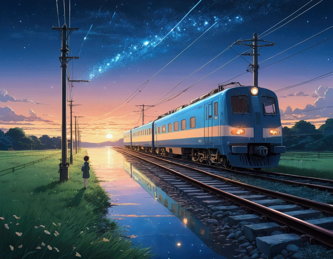 High quality masterpiece ,landscape,Anime train passing through bodies of water on the tracks, bright starry sky。Romantic Train,Pissive,Concept-Art,lofi art style,Reflectors。 By Makoto Shinkai, Art Lofi, beautiful anime scenes, landscapes de anime, detailed scenery —width 672, The style of Makoto Shinkai, Makoto Shinkai's style,Details improvement