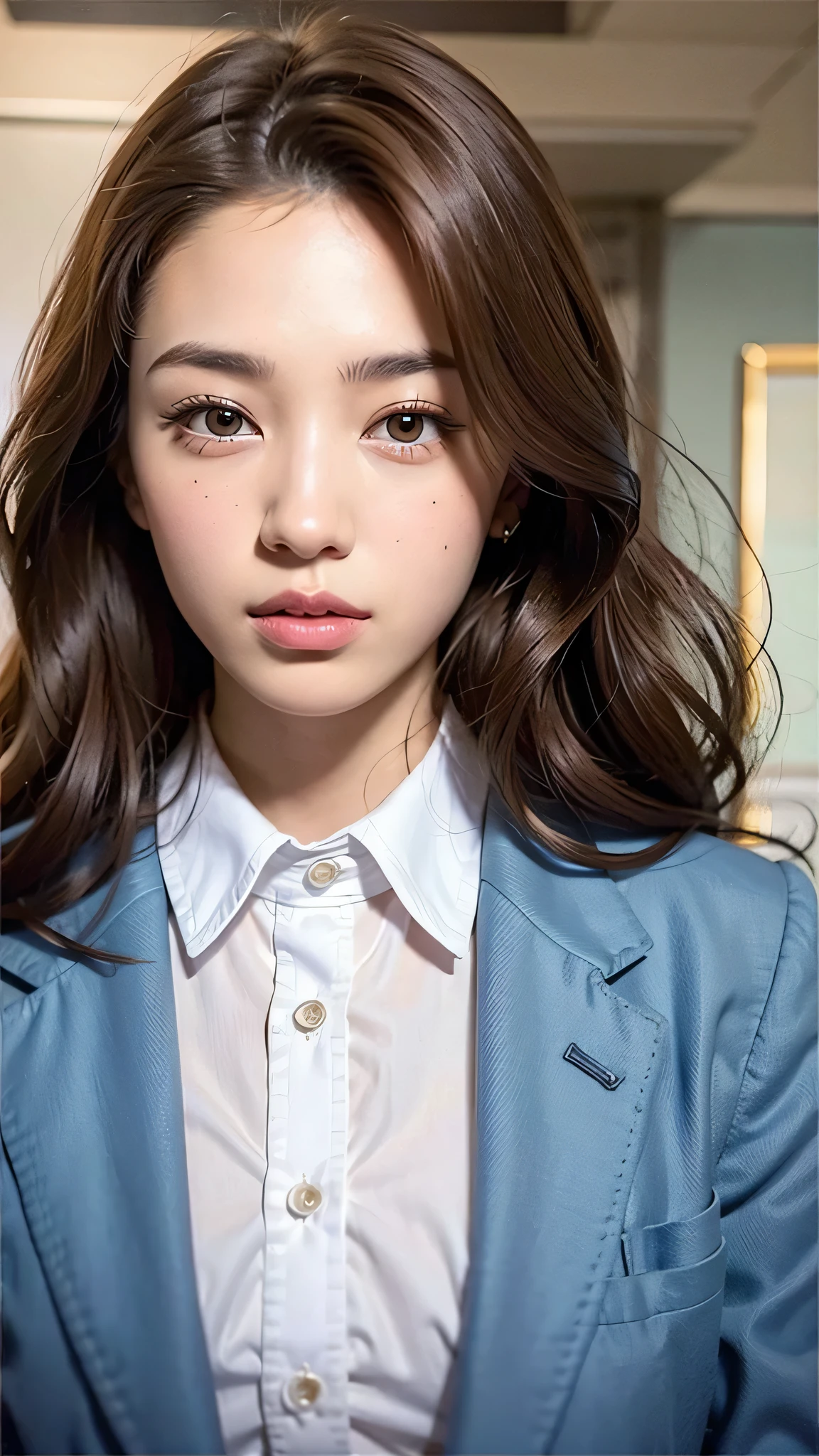 4K, ((brown eyes)), (18 year old age girl), light brown hair color, ((big tits)), lips, realistic, (slim face), ((skinny)), charming, pink lipstick, colorful makeup, long eyelashes, wearing eyeliner, fair skin, (cute), (detailed face), detailed eyes, detailed iris, office style, ((Button white shirt with white collar)), (mini navy skirt),