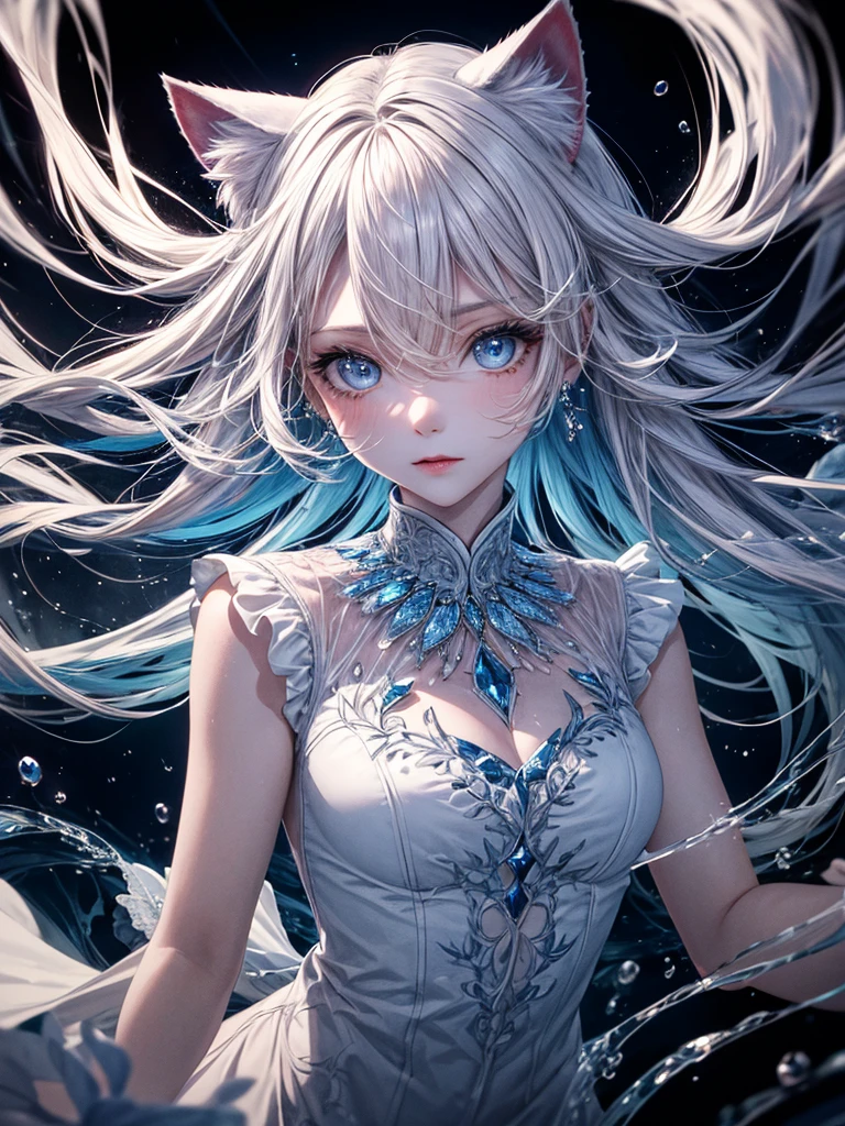 4K quality:1.2,1 girl,sense of depth,confused,catch light,Super beautiful illustration,((white,long hairstyles:1.3)),dark dark eyeshadow,(((4k,super beautiful,In detail,blue eyes))),bright red lipstick,Gothic Lolita,;D,beautiful and delicate hair