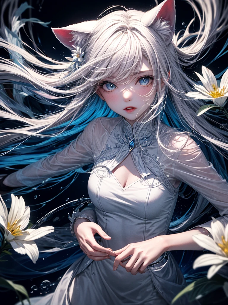 detailed beautiful face and eyes, rouge at the outer corner of the eye, lipstick, 1girl, solo, alone, white cat ears,, long hair, blue sapphire eyes, walking through, ,looking at viewer, full clothed, masterpiece, best quality, ultra detailed, (long exposure:1.2),dynamic streaks, vibrant colors, fluid movement, (flowing water), white flower, (night:1.2),dreamy,soul,