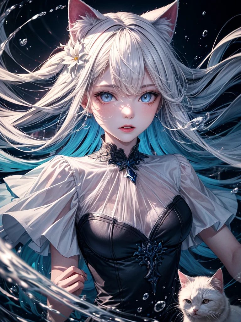masterpiece, highest quality, 4k, high quality, insane details, illustration, 1girl, white long hair, light blue eyes, frilly dresorest), dark atmosphere, mystical, perfect body, perfect face, beautiful eyes, bioluminescence, bioluminescent water shining through her dress, shiny, translucent, volumetric lighting, crystal earrings, aesthetic, detailed background